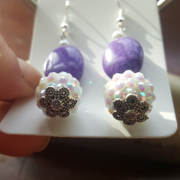 💜Purple Stone// White Disco ball💃// Earrings💎 - Picture 3 of 4